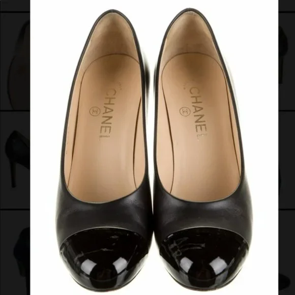 CHANEL Black Leather Cap Toe Pumps Size 37 - Picture 3 of 12